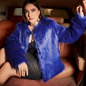 Plus Solid Open Front Fuzzy Coat